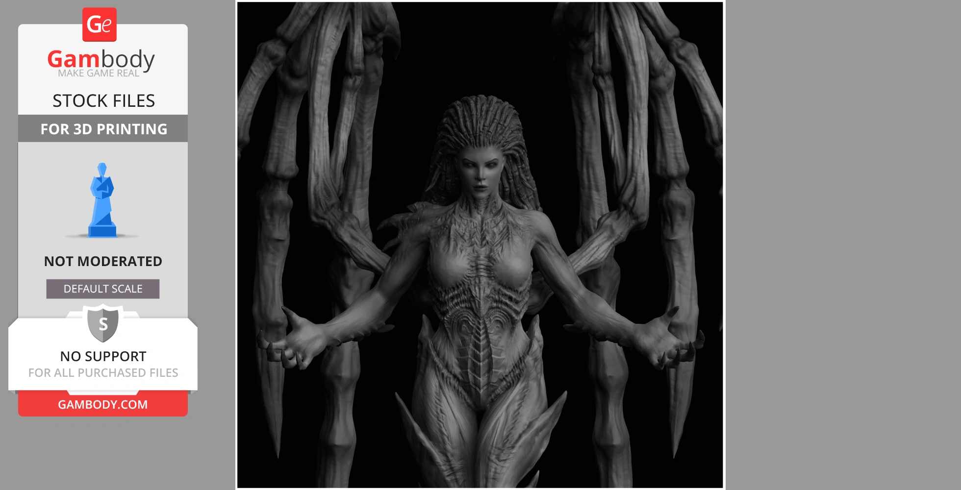 A detailed 3D model of a humanoid figure with intricate armor and large, spiky wings.