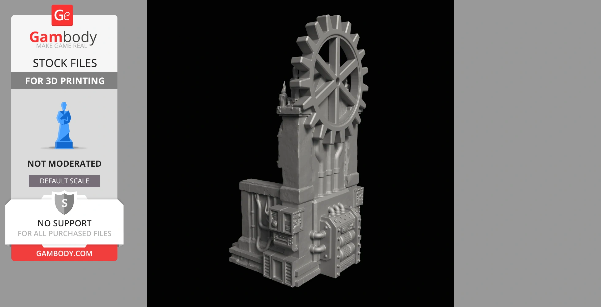 Futuristic throne with pipes and a large cogwheel design, suitable for 3D printing.