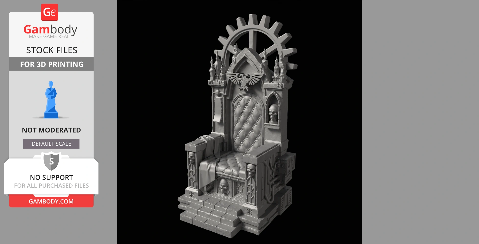 Intricately detailed 3D model of an ornate throne with skull motifs and stepped base.
