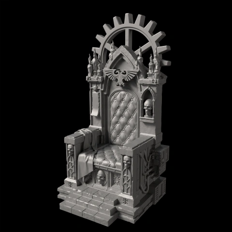 A detailed, gothic-style 3D model of an ornate imperial throne with skull and gear motifs.