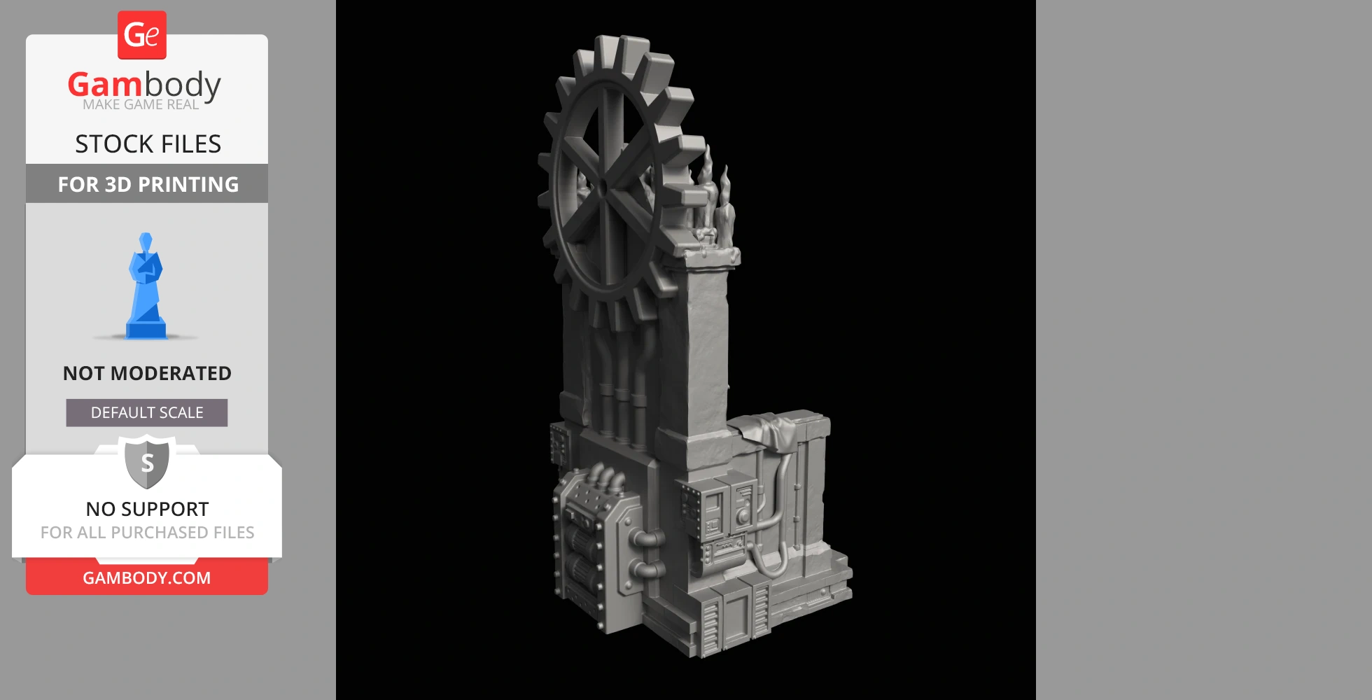 3D model of an intricately detailed throne with a large gear-like backrest, designed for 3D printing.