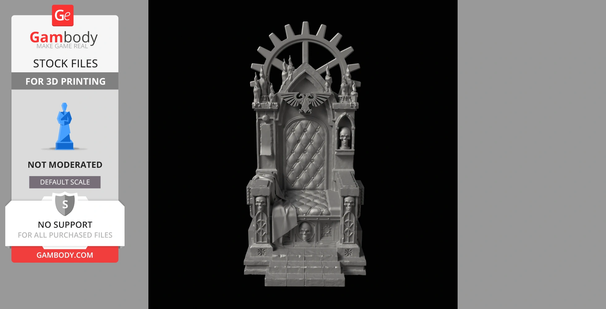 Intricately designed 3D model of an ornate throne with skull motifs and gothic details.