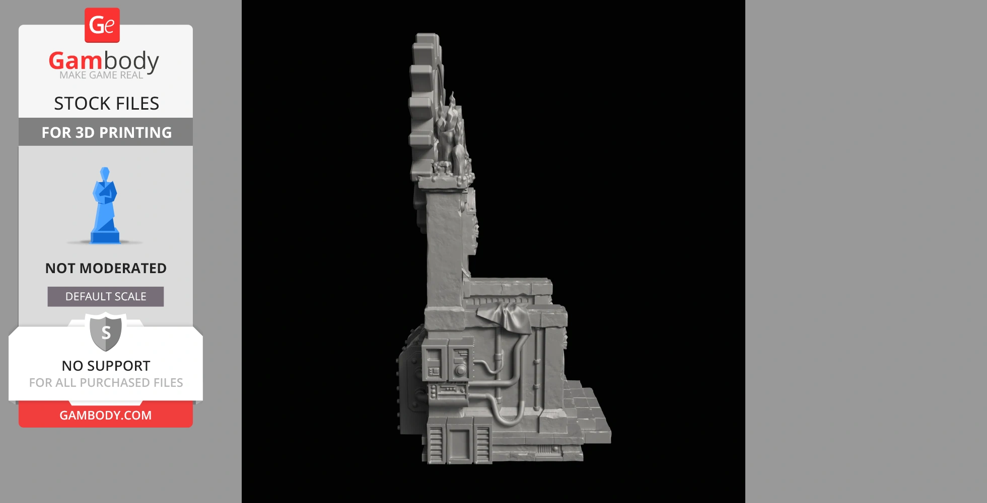 Side view of a detailed, ornate throne with mechanical elements for 3D printing.