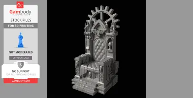 Intricately detailed 3D model of an ornate throne with skull motifs and stepped base.
