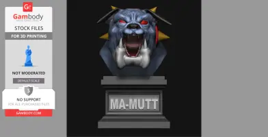 A 3D model of a fierce, spiked-collar canine bust labeled 'MA-MUTT' on a pedestal.
