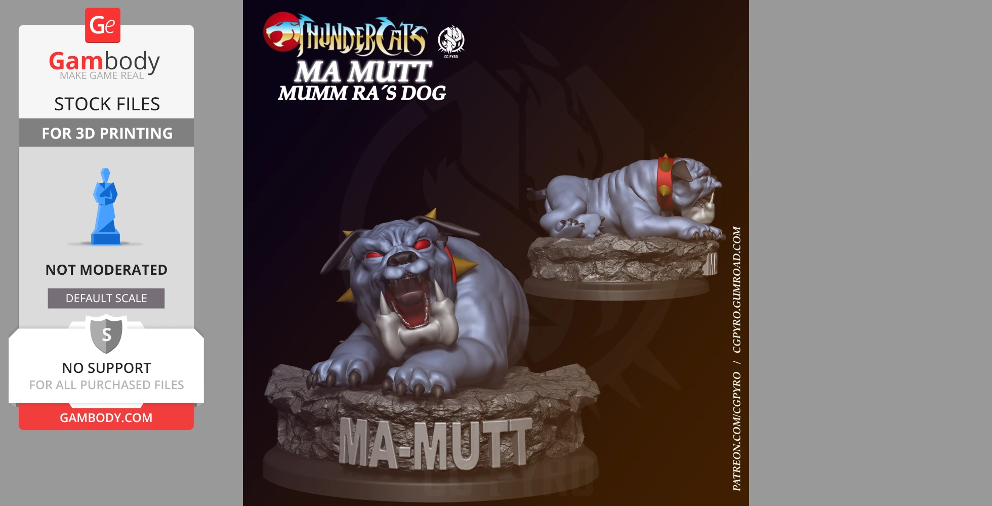 A fierce, grey creature with red eyes and a spiked collar, named Ma-Mutt, lying on a rocky base.
