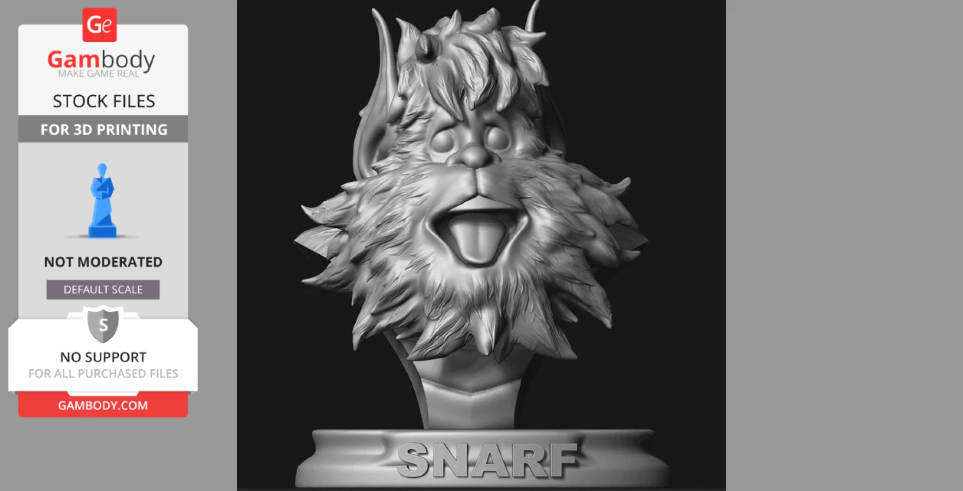 3D print model of a character with fluffy hair and ears, with 'SNARF' on the base.