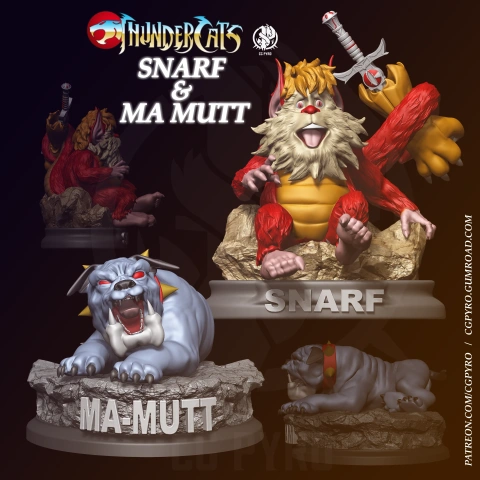 3D models of Snarf and Ma-Mutt on display stands, inspired by Thundercats, ready for 3D printing.