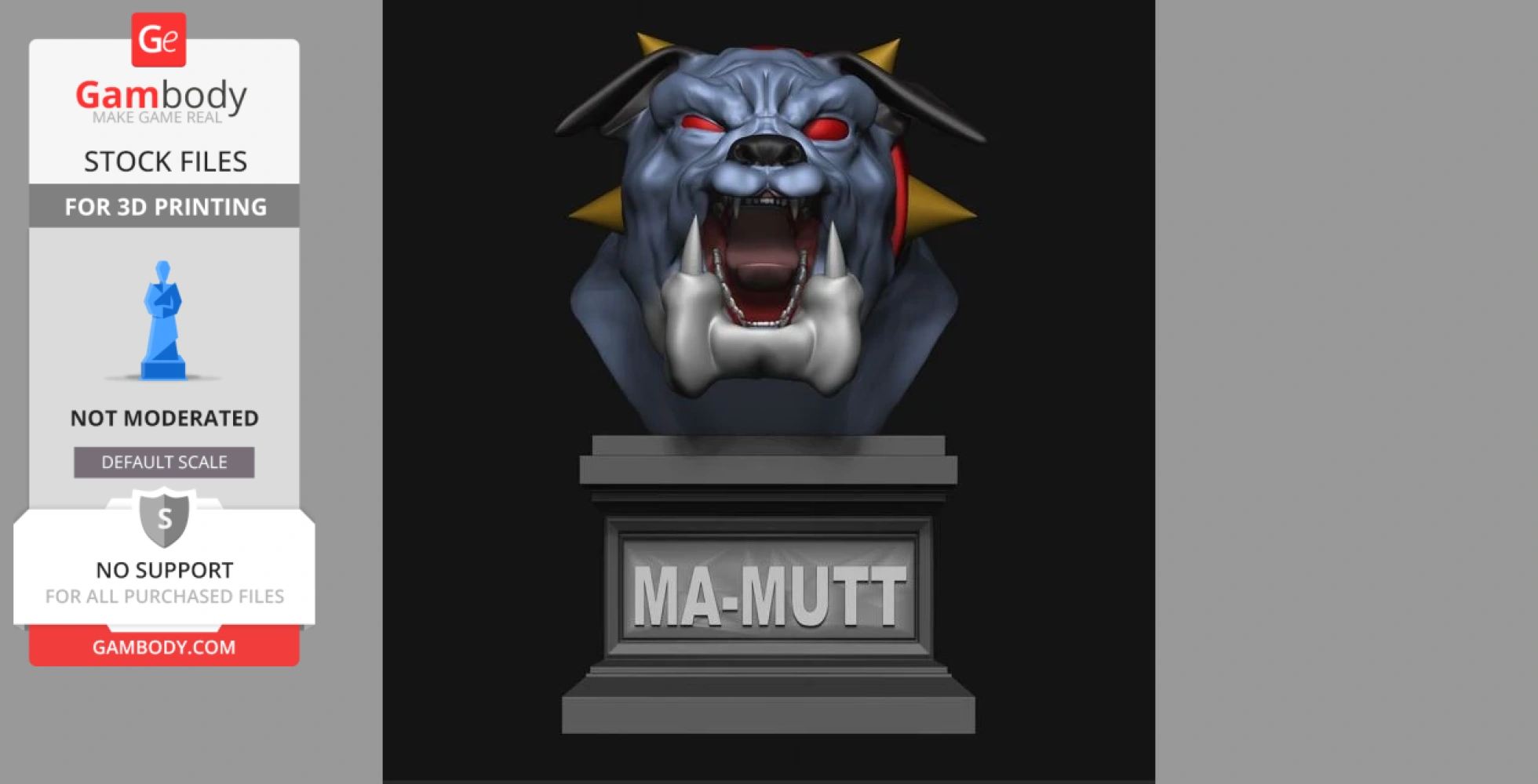 A 3D model of a fierce, spiked-collar canine bust labeled 'MA-MUTT' on a pedestal.
