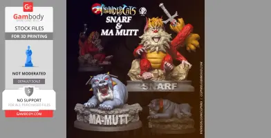 Snarf and Ma Mutt 3D models from Thundercats posed on rocky bases, designed for 3D printing.