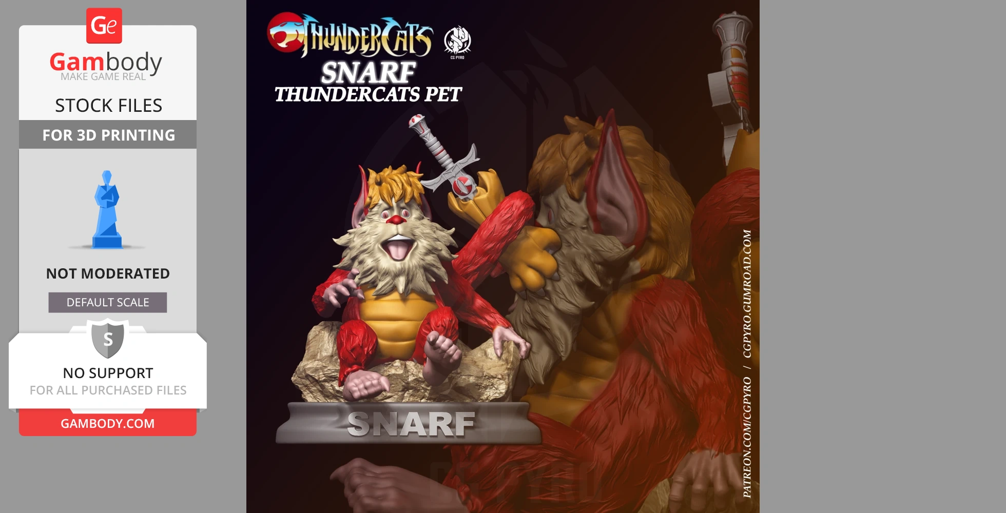 A 3D model of Snarf from Thundercats, sitting with a joyful expression, ready for printing.