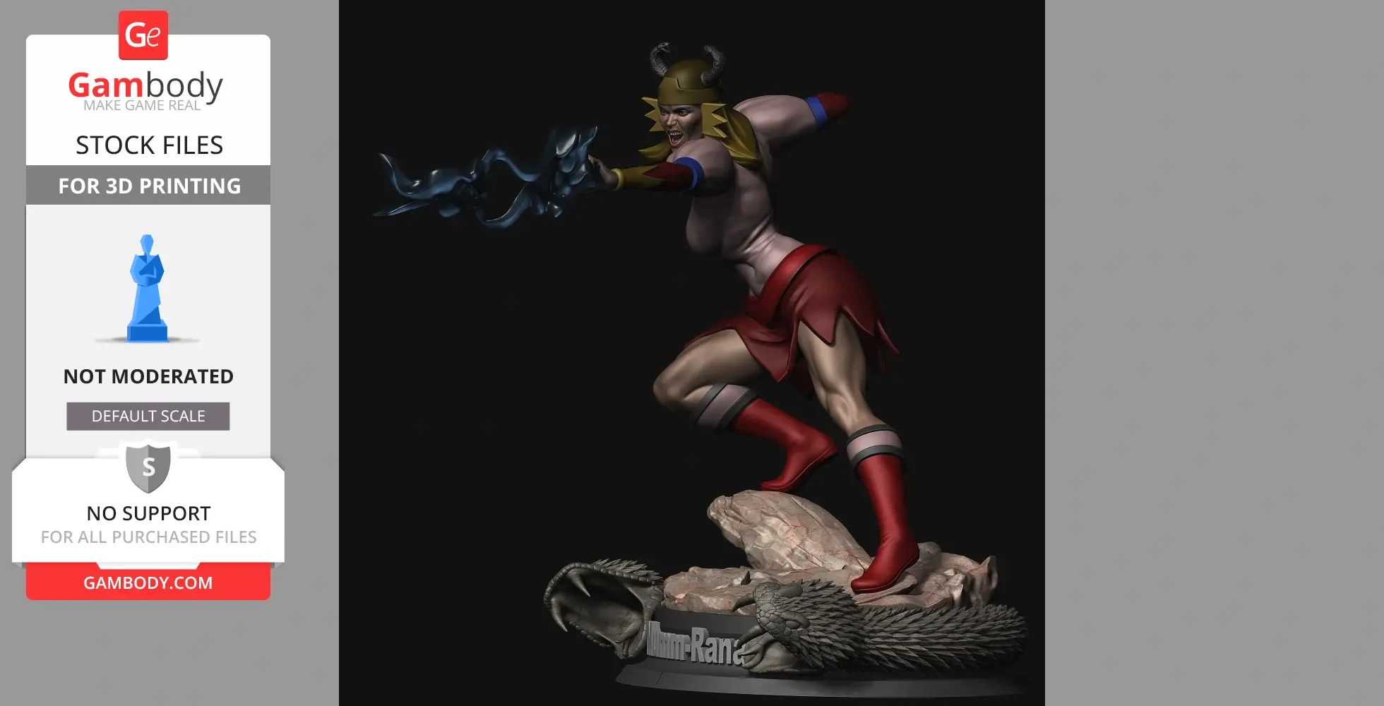 A dynamic figure in warrior attire, casting a spell, on a detailed base with the name 'Mumm-Ra' engraved.