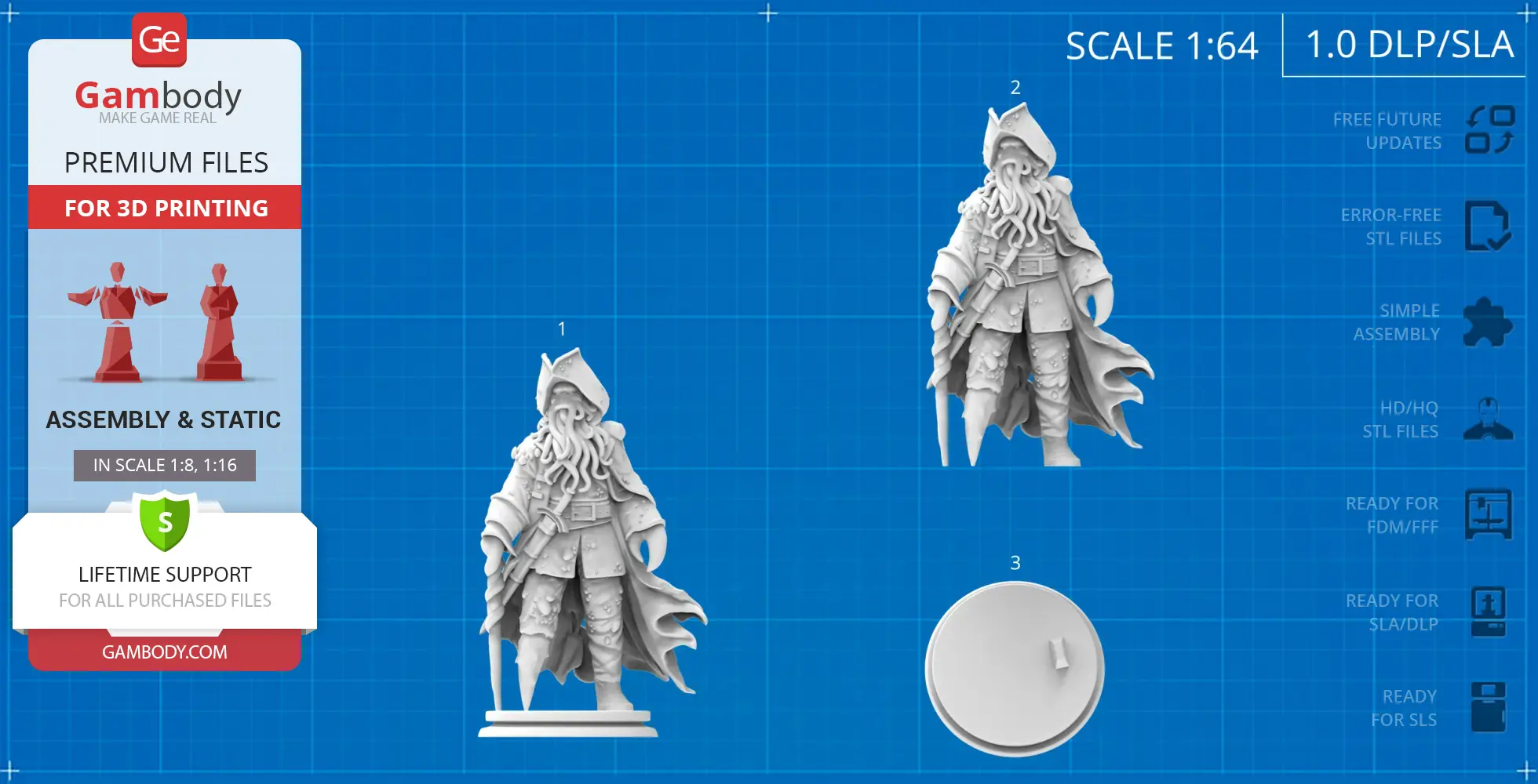 3D printed model of a tentacled pirate character with a hat, coat, peg leg, and display base.