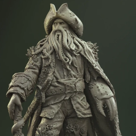 A detailed pirate captain figure with a tentacled face, hat, coat, and treasure chest base.