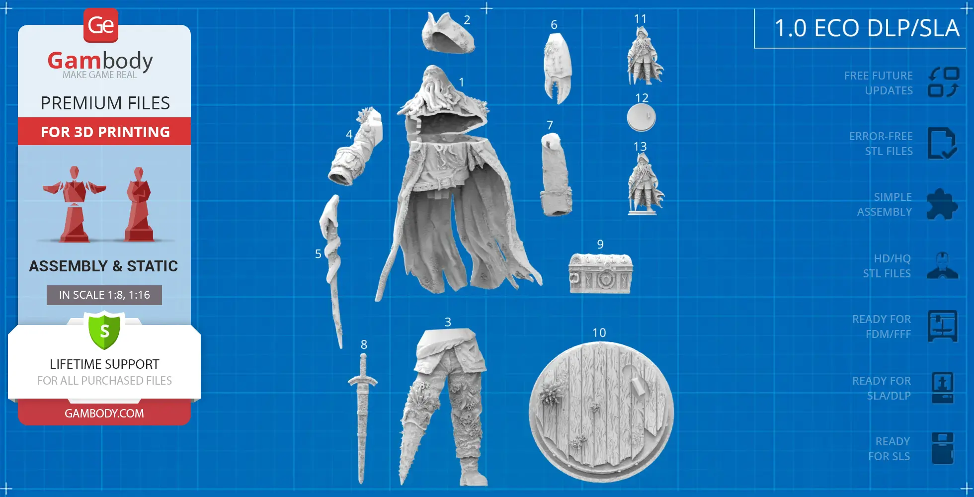 Parts for assembling a 3D-printed pirate figure, including clothing, weapon, and accessories on a blue grid.
