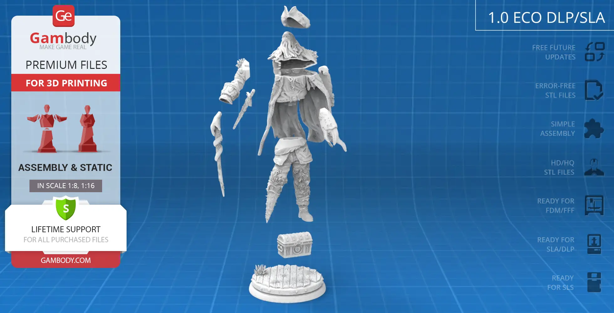 Floating 3D model parts of a pirate character, including hat, coat, sword, and base, for assembly.