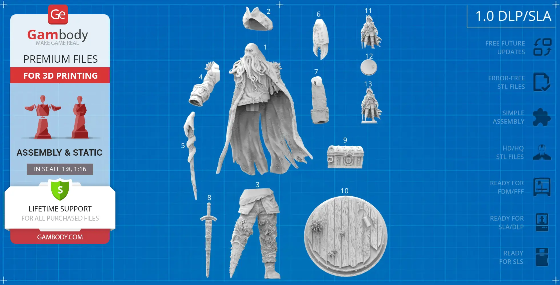 3D printed parts of a pirate-like character with detailed clothing and accessories on a blueprint background.