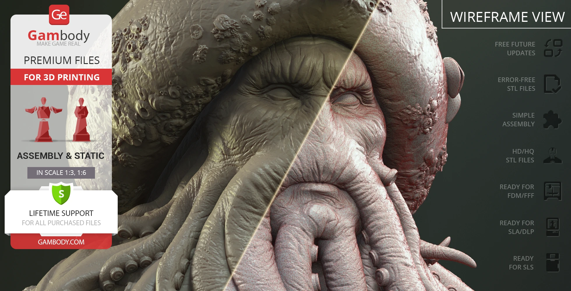 A detailed 3D model bust of a tentacled character head with intricate texture and wireframe view.