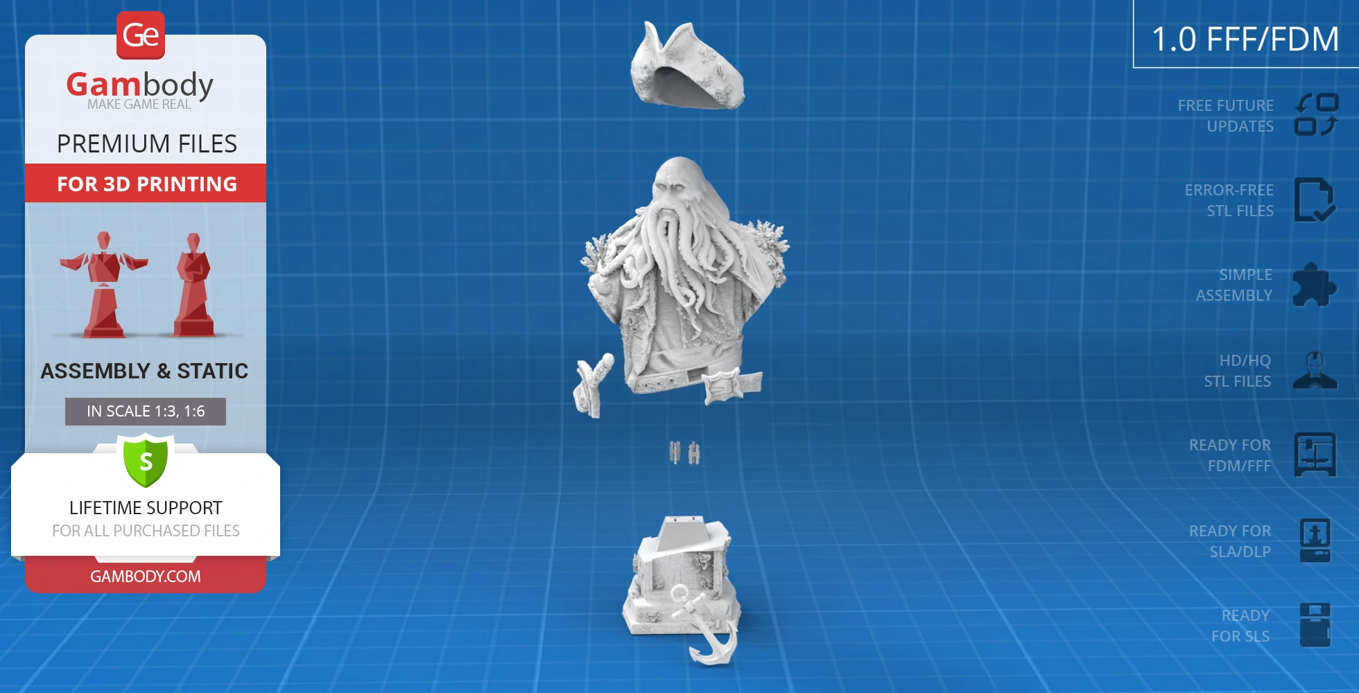 A detailed 3D printed bust of a tentacled character, shown in separated assembly parts on a blue grid background.