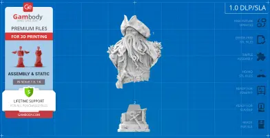 A detailed bust of a tentacled pirate figure, with a hat and textured clothing, ready for 3D printing.