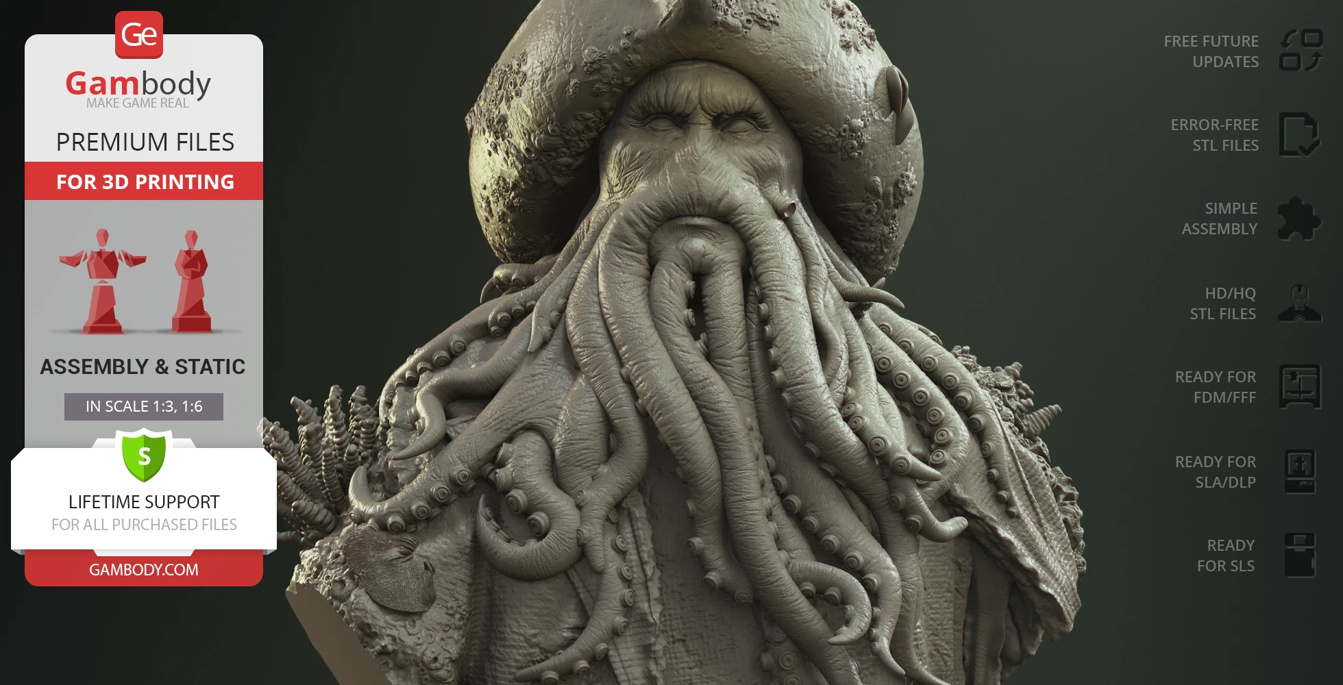 A detailed 3D bust of a bearded character with a hat, featuring intricate tentacle-like textures.