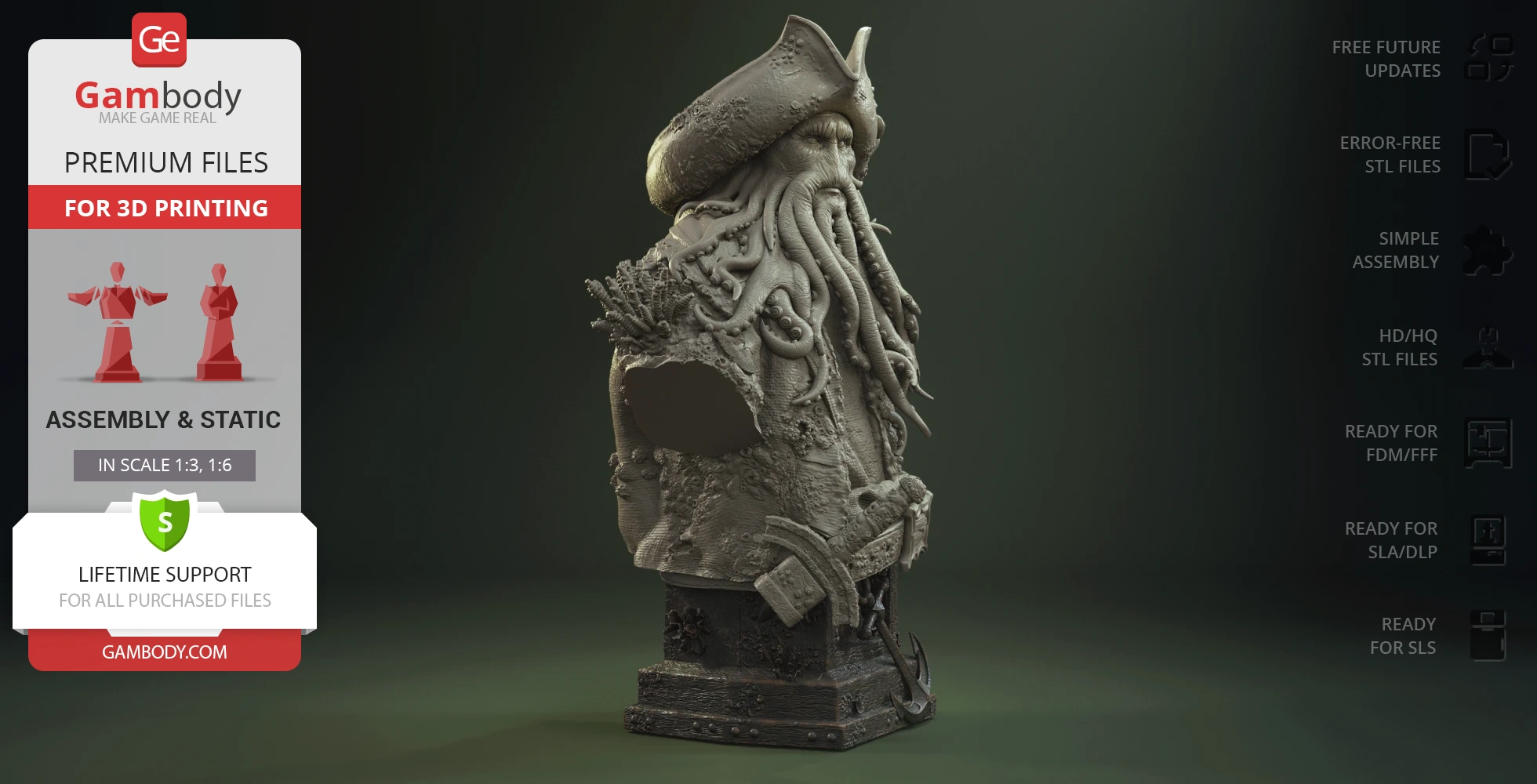 Bust of a detailed, mythical sea creature with a tentacled face, wearing a pirate hat.