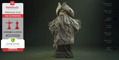 A highly detailed Davy Jones bust with tentacle beard and pirate hat for 3D printing.