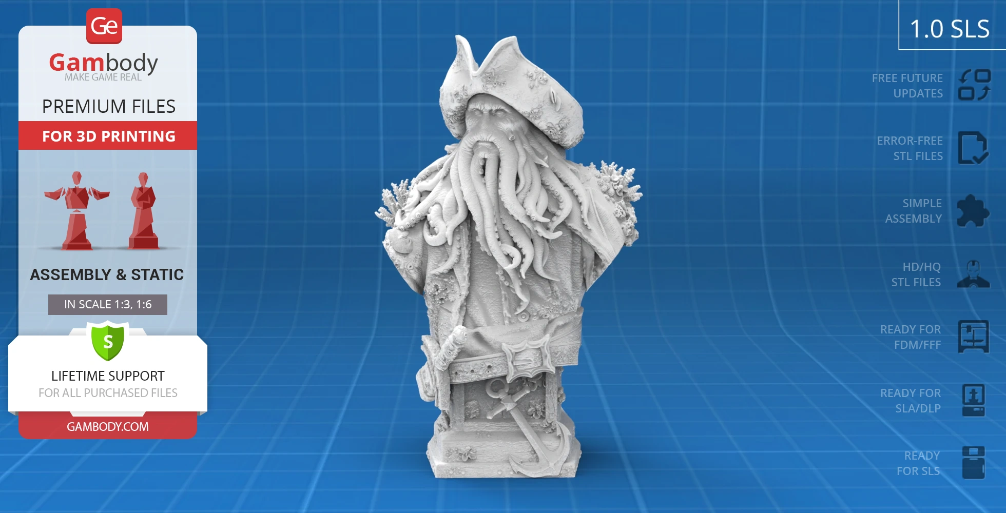 A detailed bust of a pirate with tentacles for a beard and a tricorn hat, adorned with sea elements.
