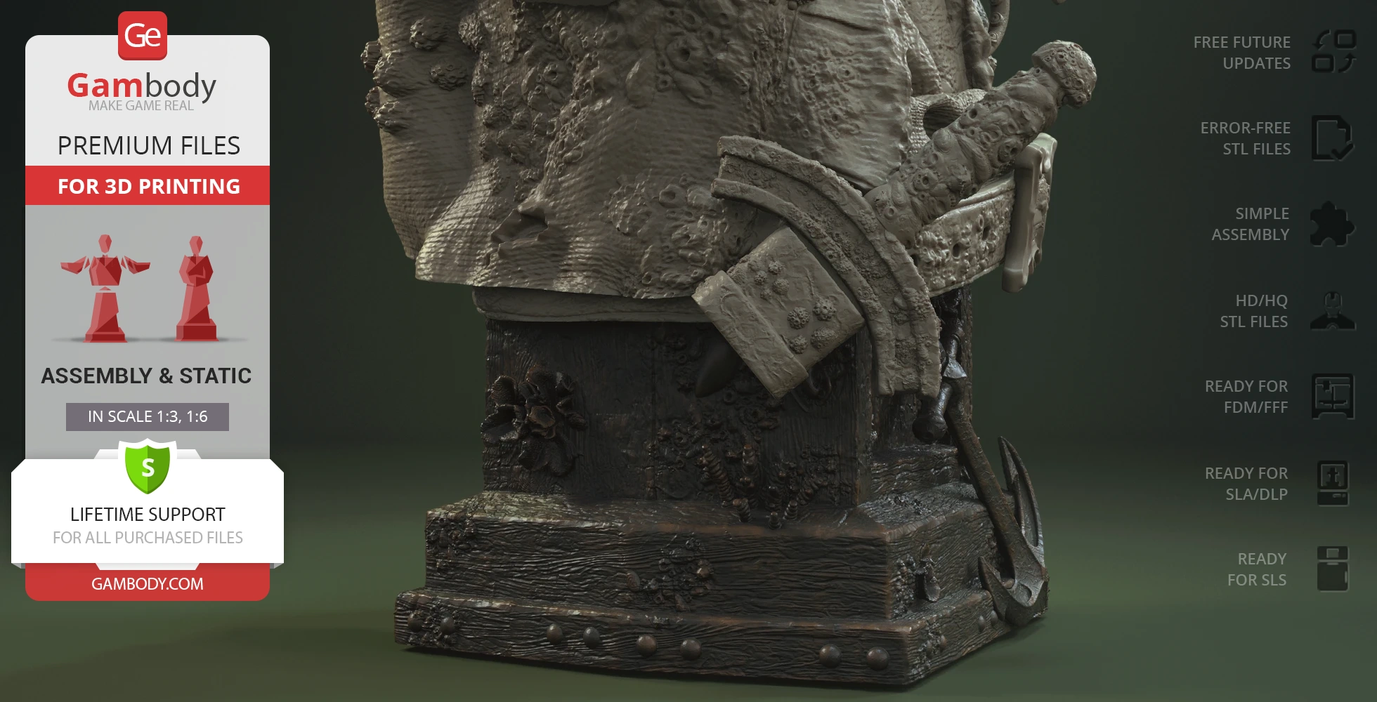 A detailed bust of a textured figure with sea-themed elements and a decorated base.