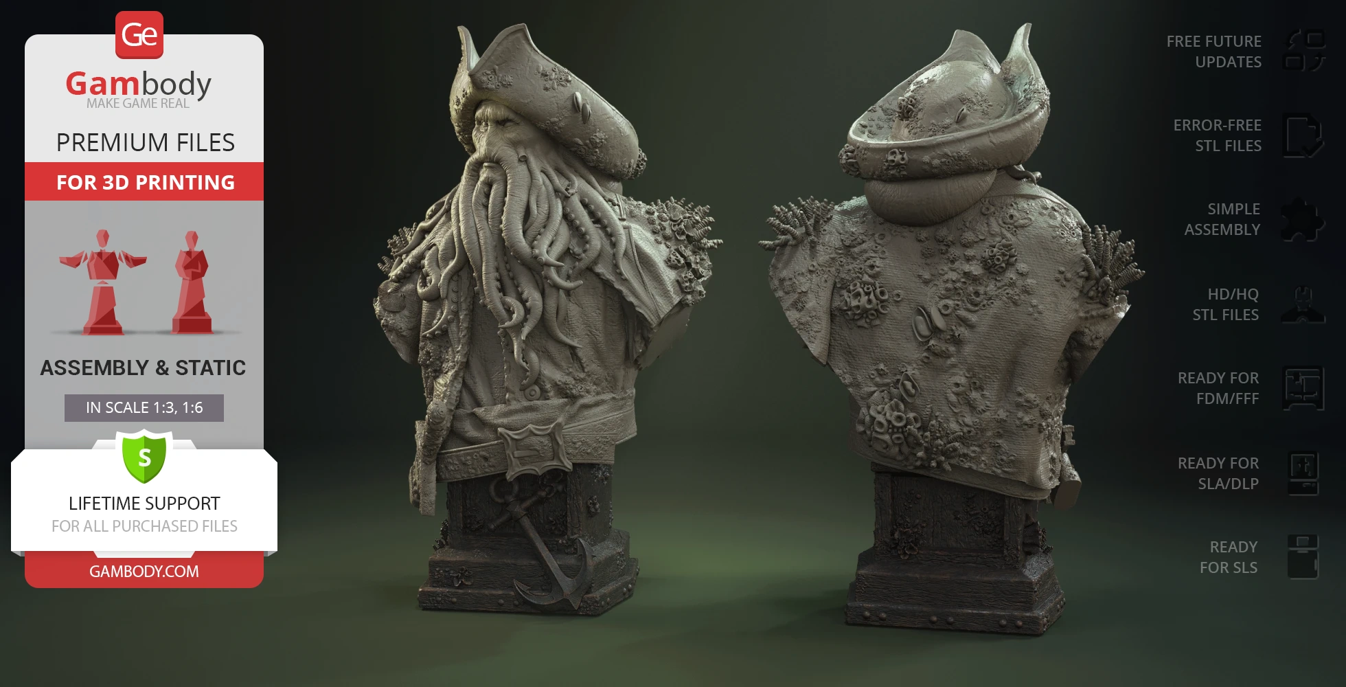 A detailed, textured 3D bust of a character with a tentacled beard and pirate hat, ready for 3D printing.
