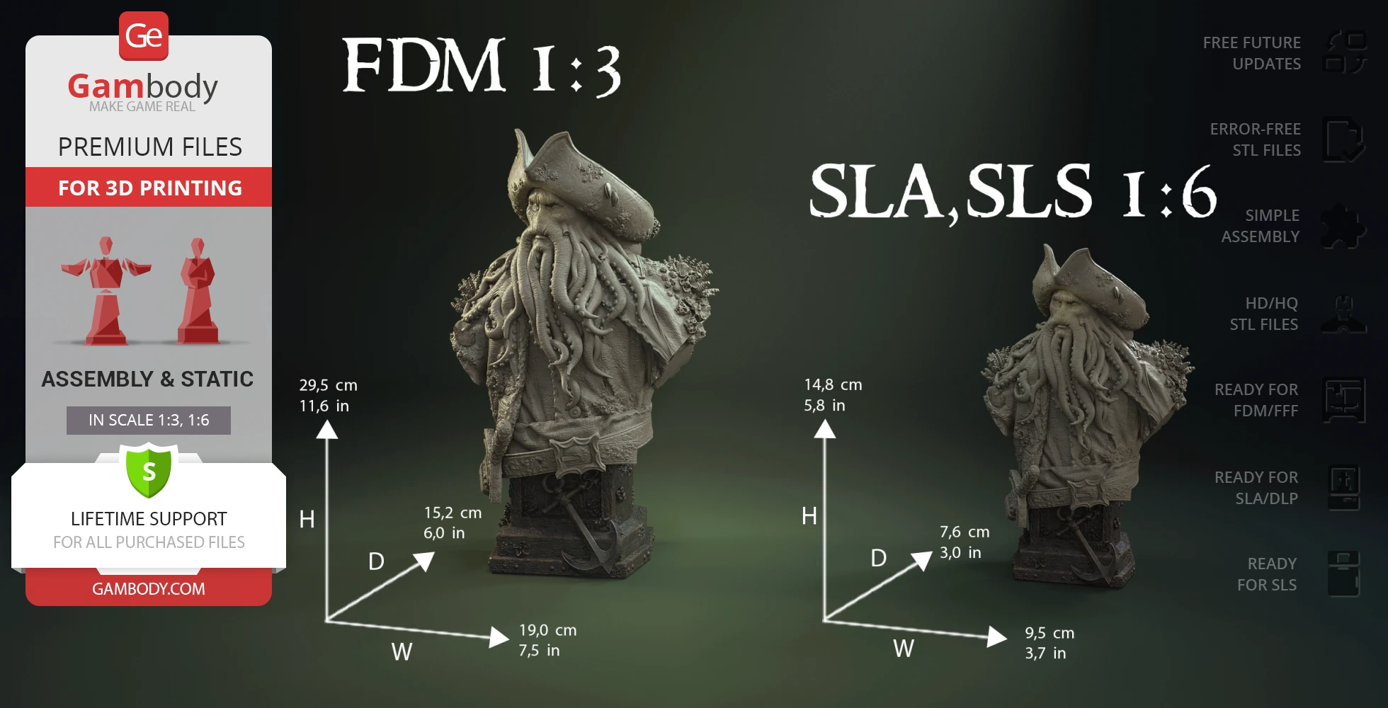 Detailed Davy Jones bust model for 3D printing, showing scales and dimensions for FDM and SLA/SLS prints.