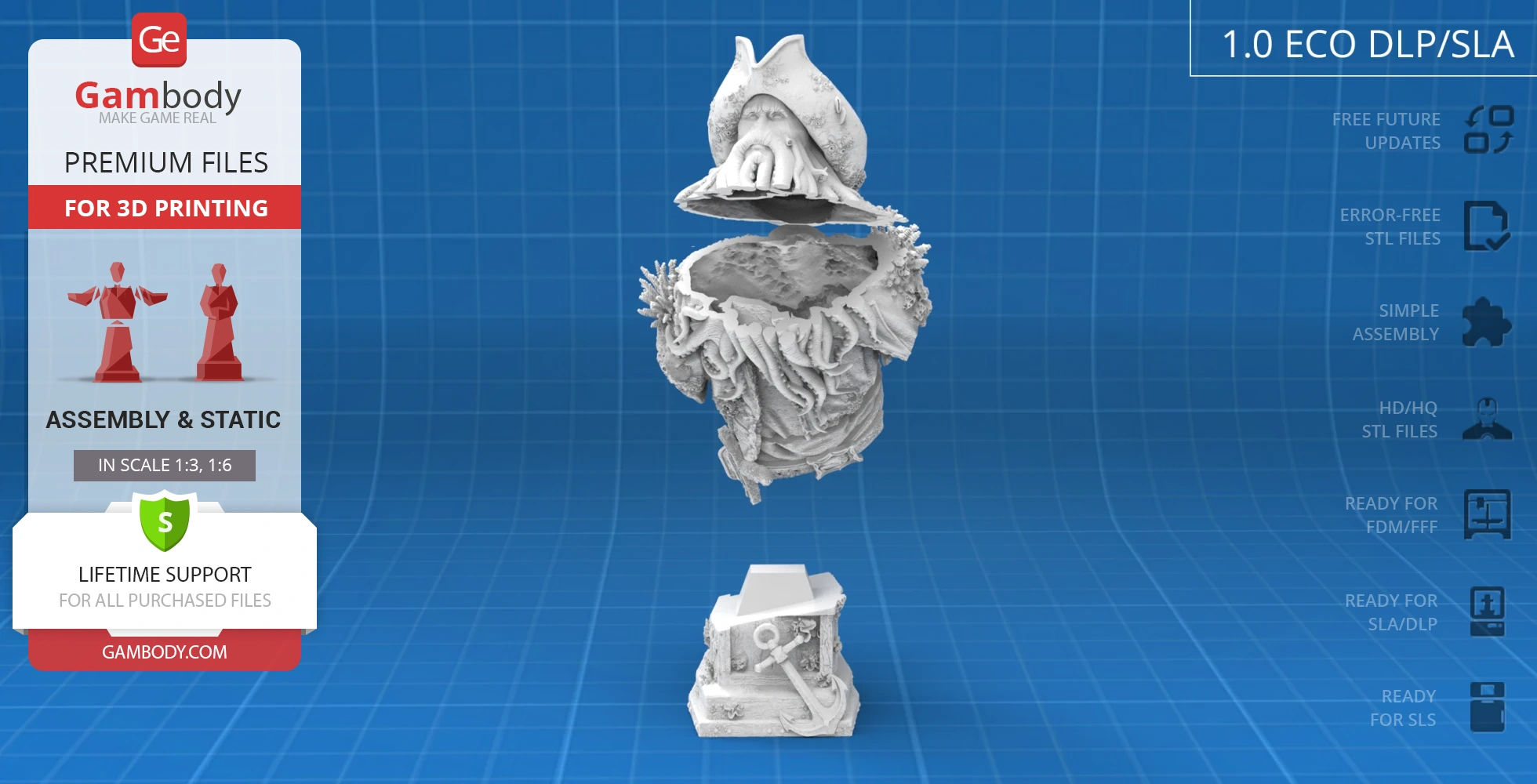 Intricate 3D-printed bust of a pirate captain, featuring a detailed split base and textured surface.