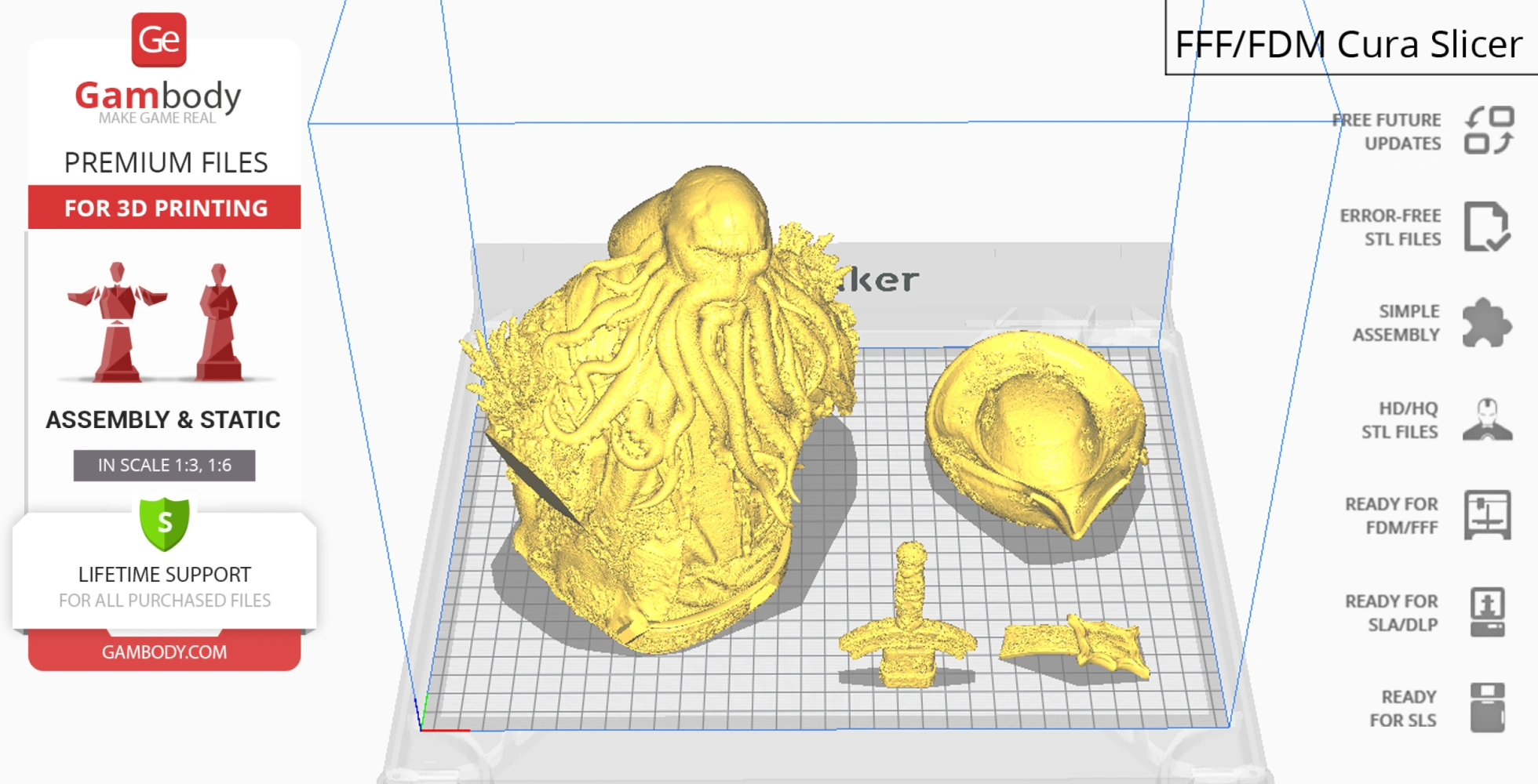 3D model of Davy Jones bust with tentacles, hat, and sword components for printing.