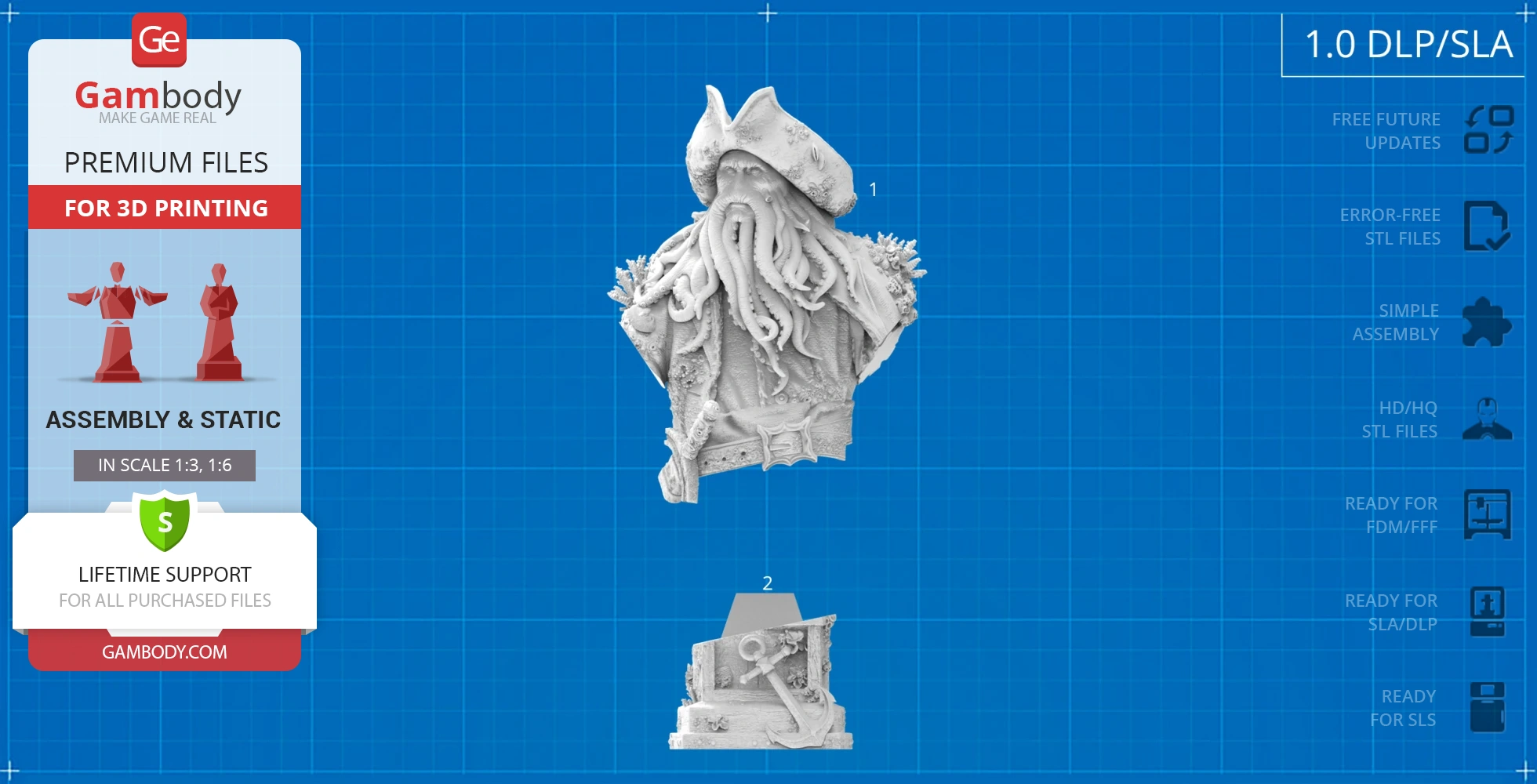 A detailed bust of a tentacled pirate figure, with a hat and textured clothing, ready for 3D printing.