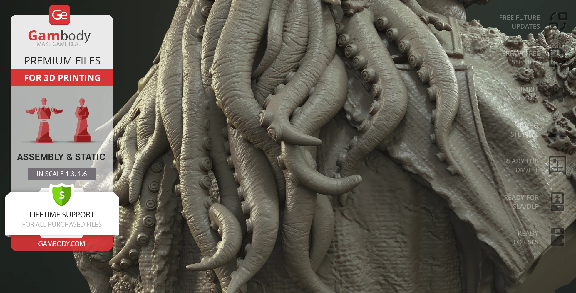 Close-up of a detailed octopus tentacle texture on a 3D printing model of Davy Jones.