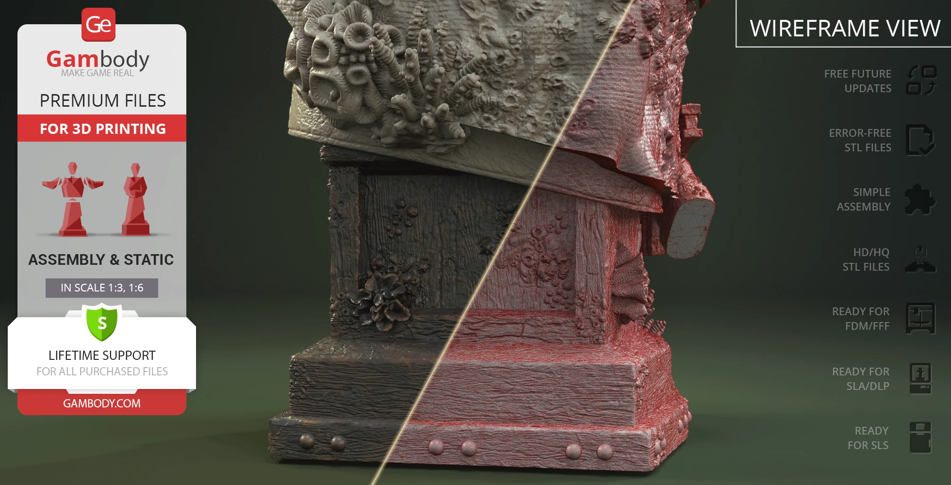 Detailed bust of a bearded, barnacle-encrusted sea character, partially in wireframe view.