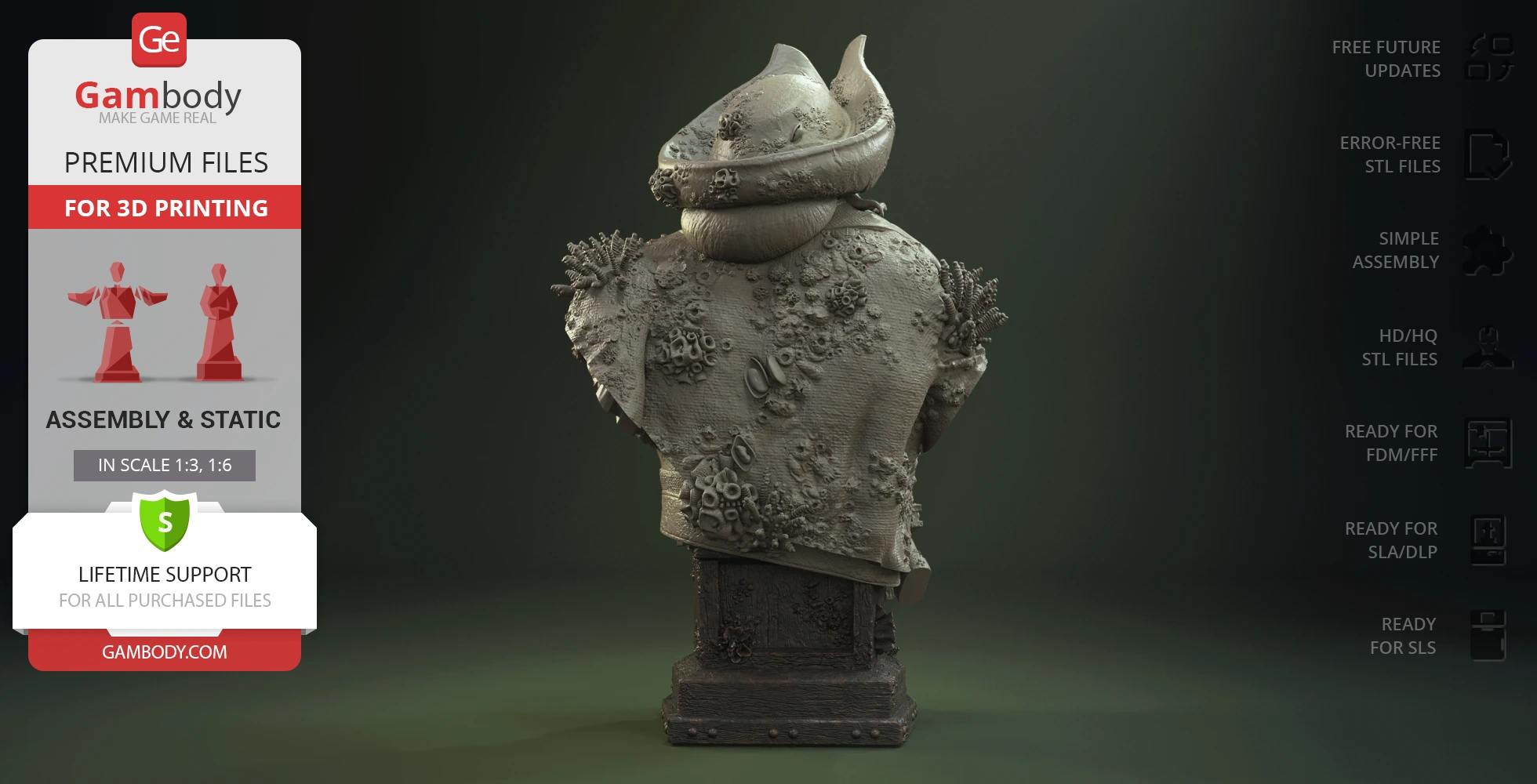 Detailed bust of a character in a hat and textured coat, adorned with sea elements, for 3D printing.