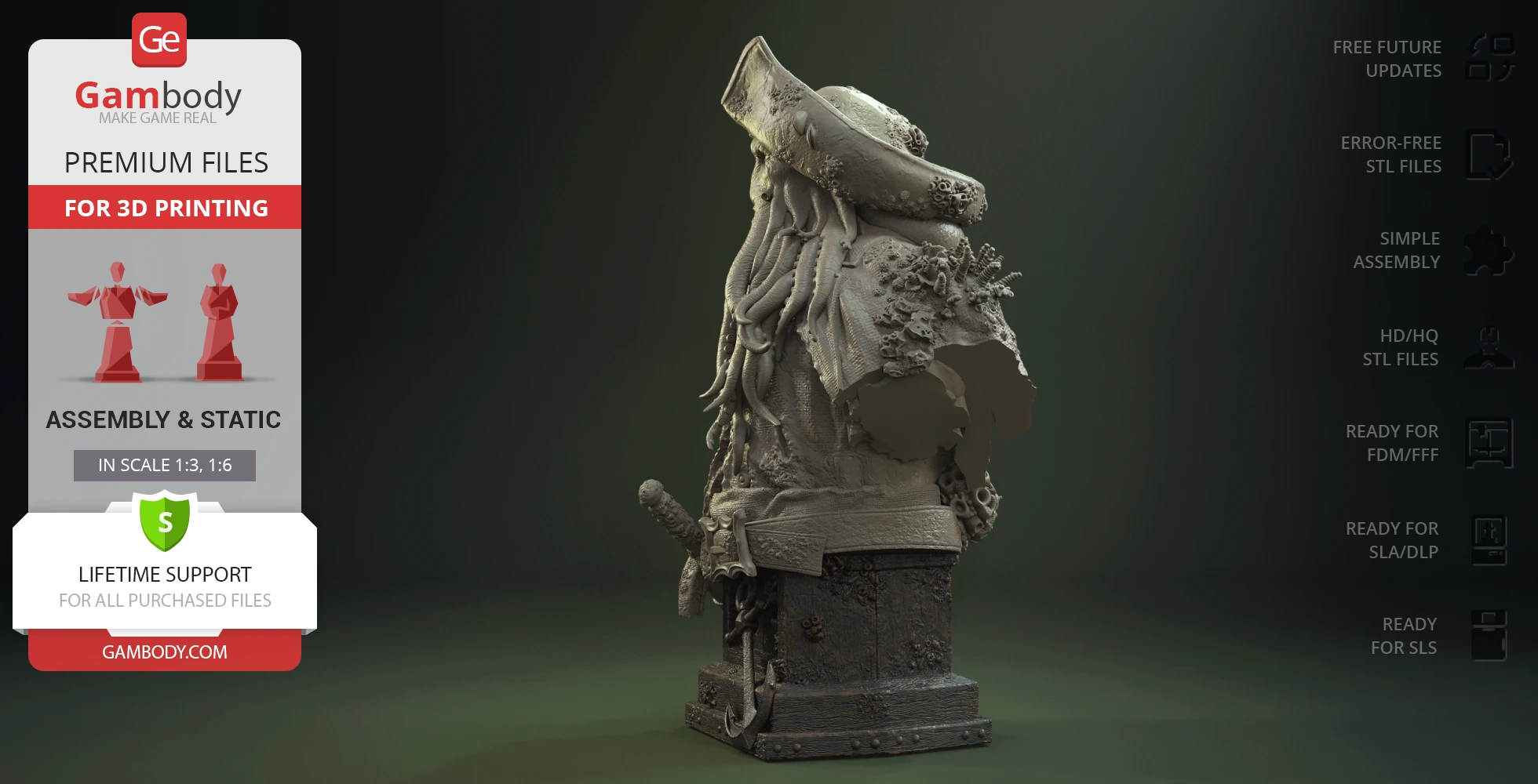 A detailed 3D bust of a pirate with tentacle beard and sea-themed attire on a wooden base.