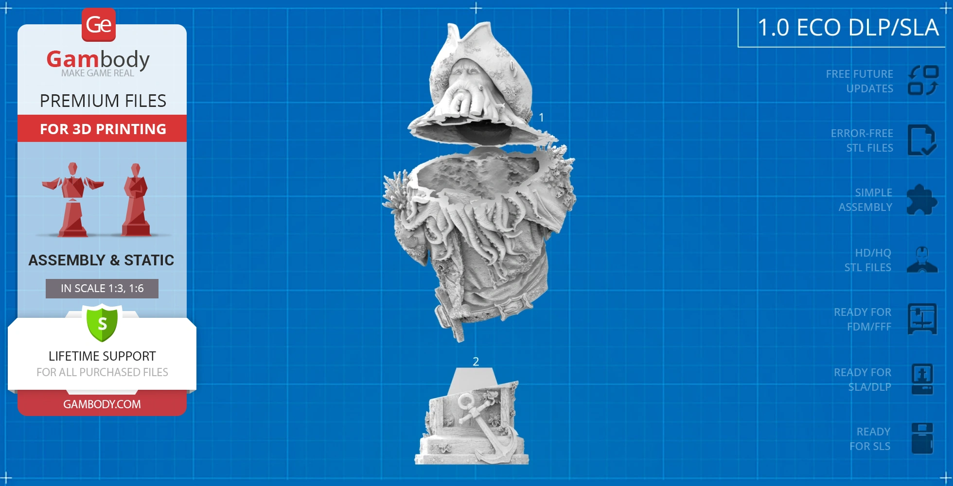 Detailed bust of a tentacled pirate with a large hat, featuring marine textures and nautical elements.