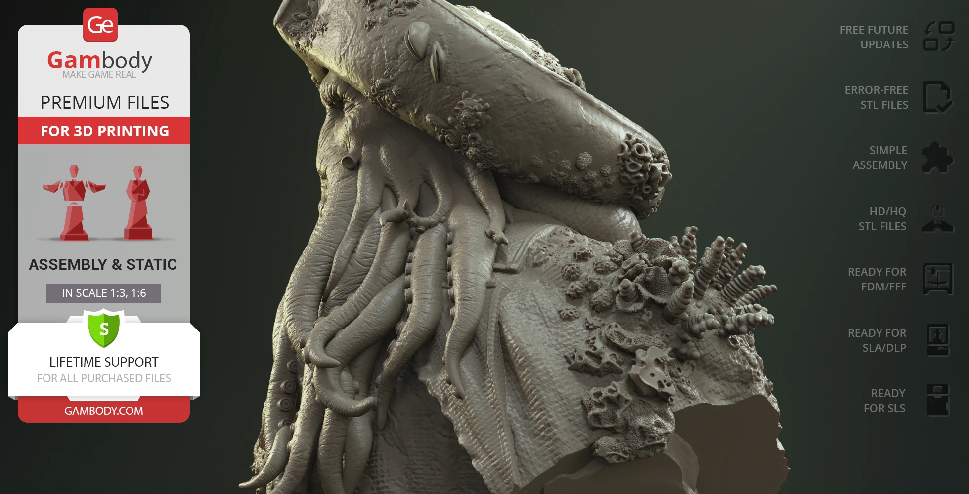 3D bust of a detailed, tentacled pirate character wearing a hat, ready for 3D printing.