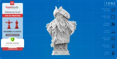 A detailed 3D bust of a sea-themed character with a tentacled face and pirate hat, suitable for 3D printing.