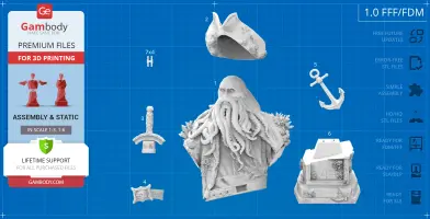 3D model of a detailed bust featuring a tentacled face, sword, and anchor for printing.