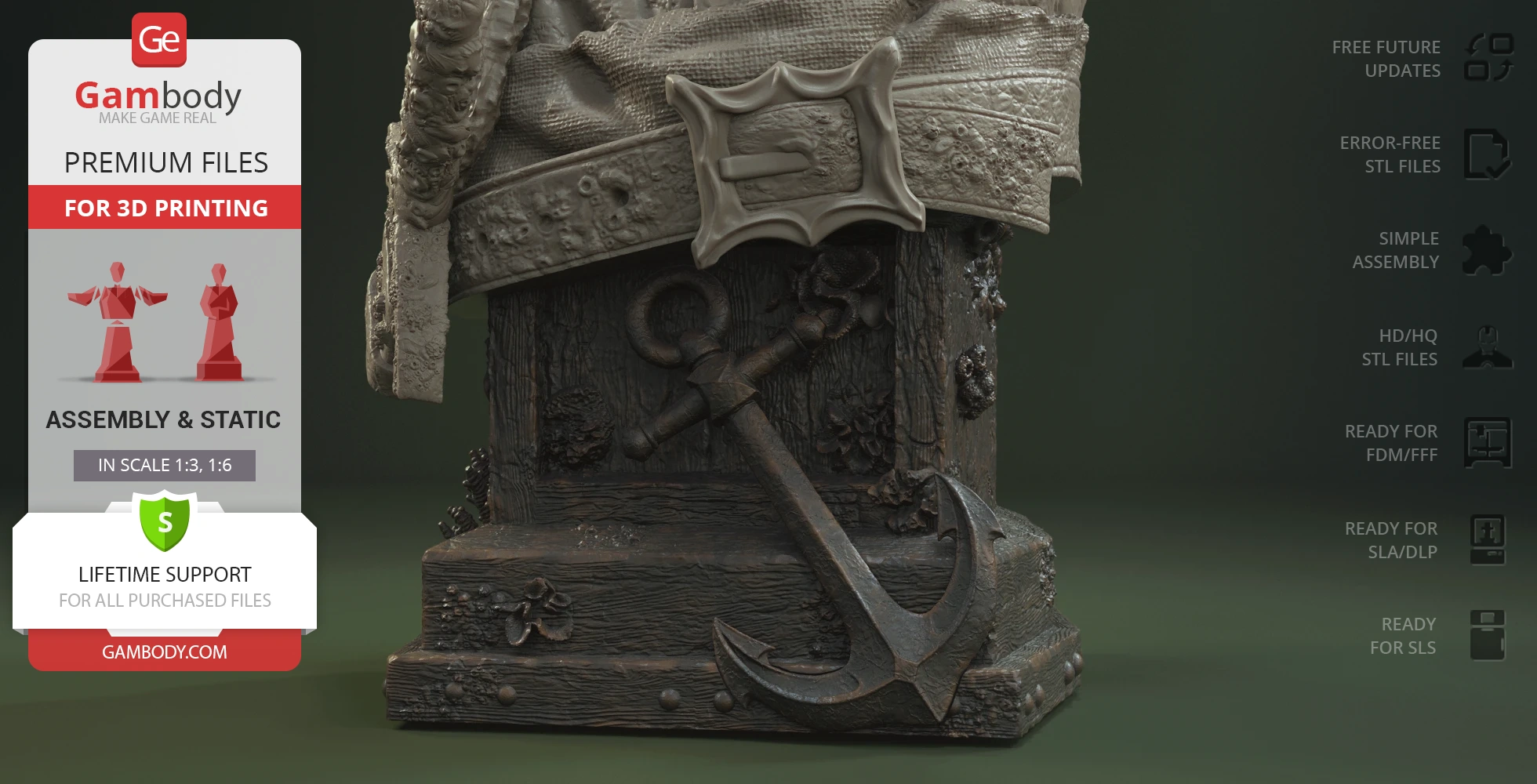 Ornate pirate-themed bust base with an anchor and detailed textures for 3D printing.