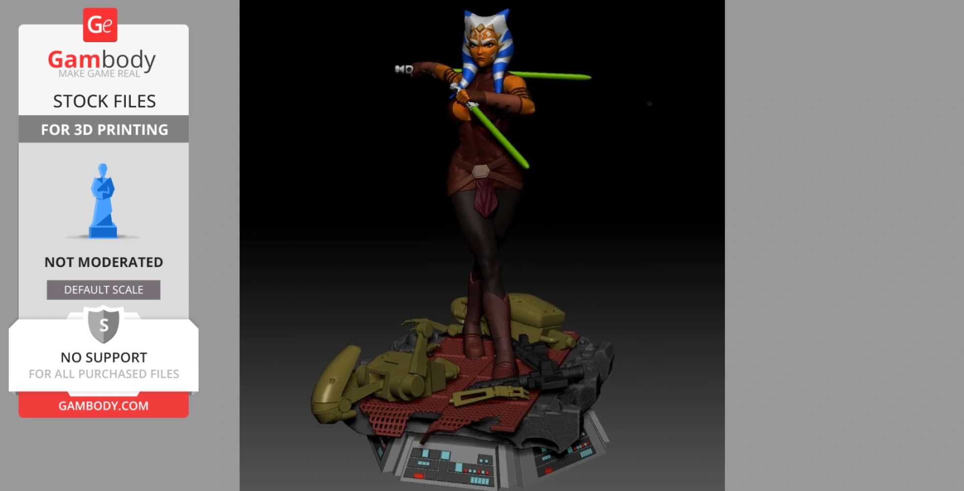 Ahsoka Tano 3D model holding lightsabers, standing on a base of defeated droids.