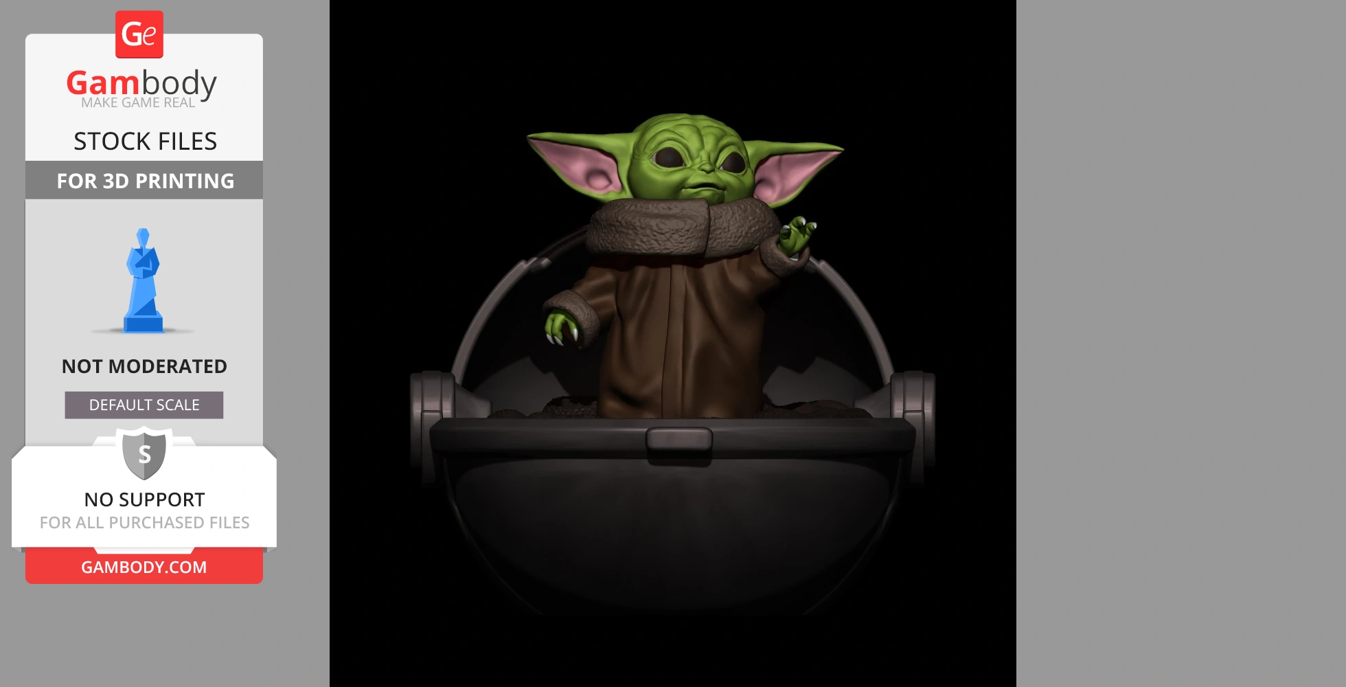 A 3D model of a green, big-eared character in a brown robe, standing in a floating pod.