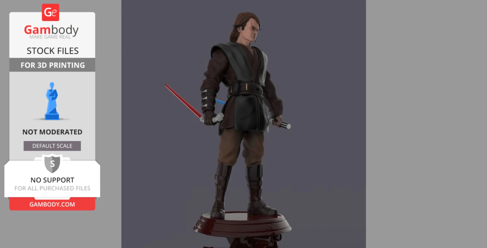 A 3D model of a character in dark robes holding a red and blue lightsaber on a stand.