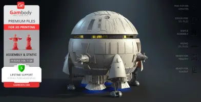 Futuristic, spherical Earth-Moon shuttle with engine details, ready for 3D printing.