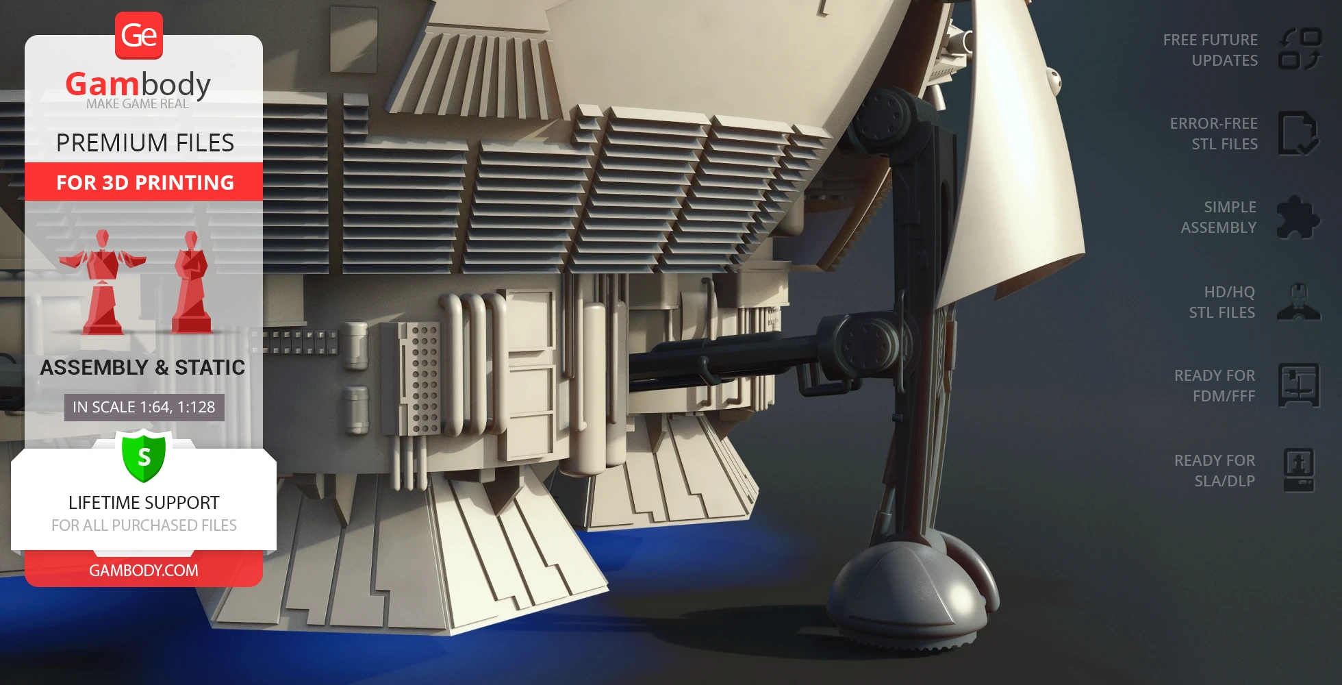 Close-up of a detailed model engine component for a sci-fi Aries 1B Earth-Moon Shuttle, ready for 3D printing.