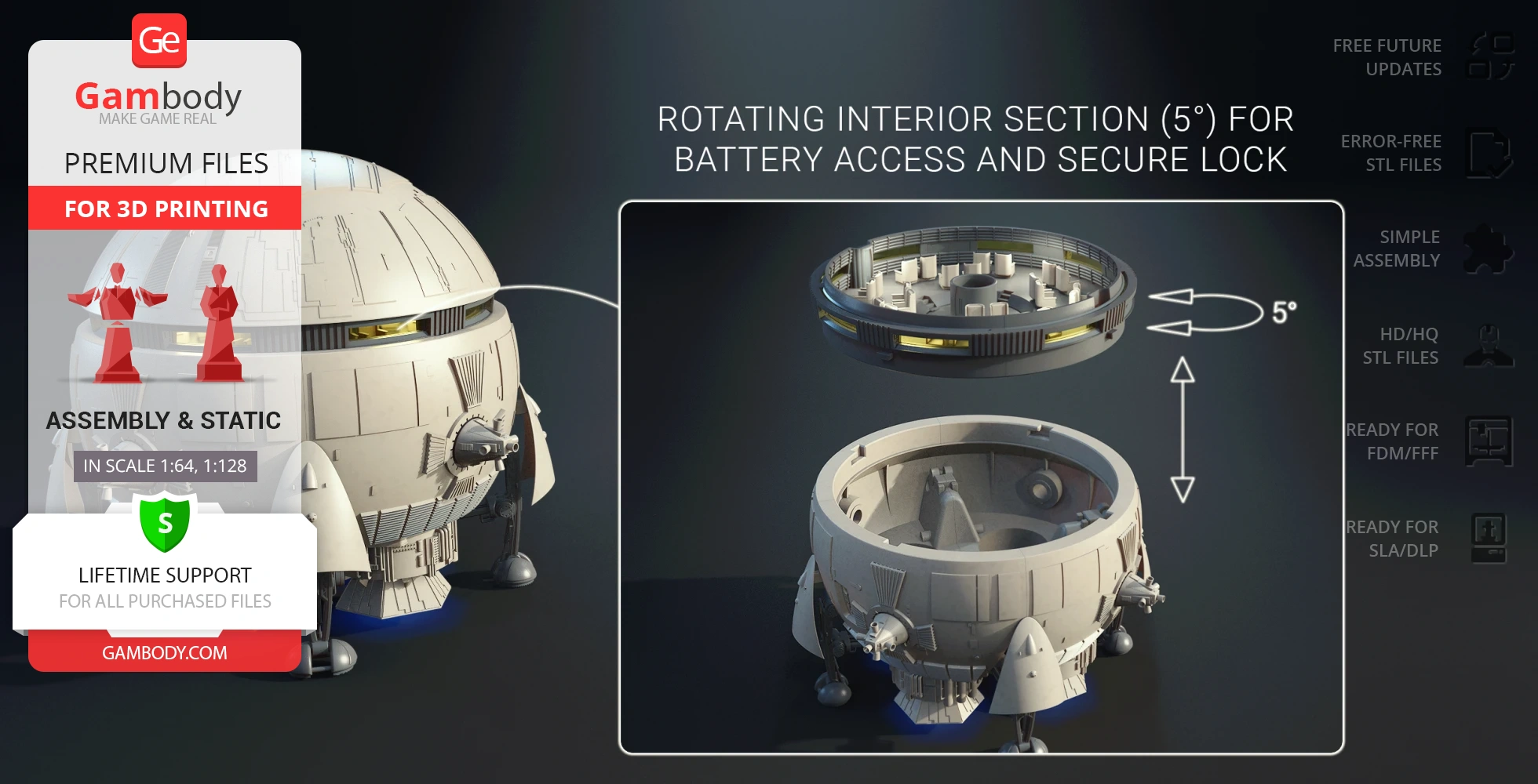 Futuristic dome-like shuttle with a rotating top for battery access, shown in assembly details.