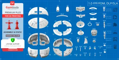Blueprint of Aries 1B Earth-Moon Shuttle model parts for 3D printing, displaying various labeled components.